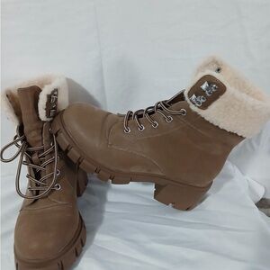 MIA Tan Lace-Up Combat Boots with Shearling Trim